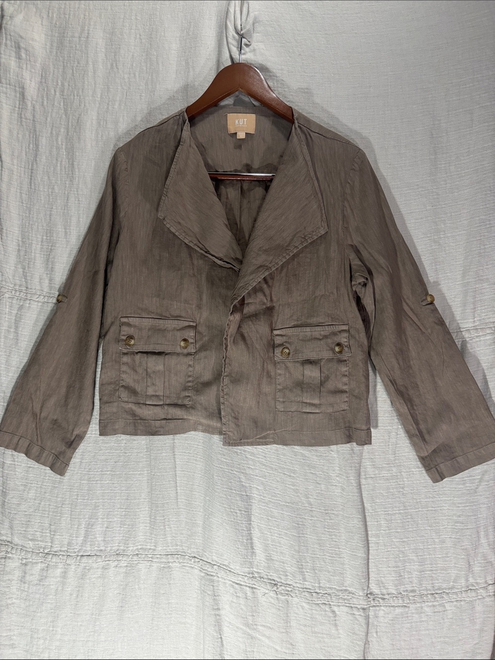 Kut from the Kloth Karie Relaxed Shawl Collar Linen Blend Jacket Taupe Grey M